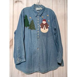 Christmas Shirt Ladies 20W Chambray Button Front Snowman Christmas Tree Vintage